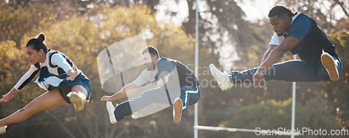 Image of Cheerleader team, air jump and people training for university sports competition, dance or outdoor rehearsal. Cheerleading event, group and dancer performance, practice and fitness for wellness