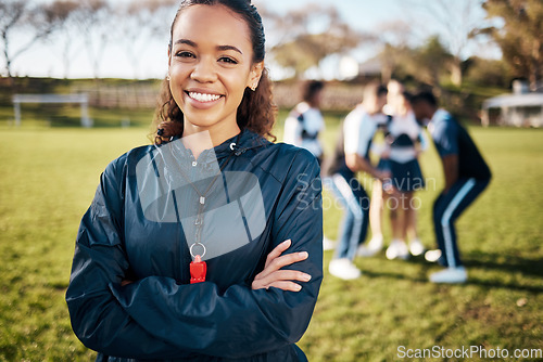 Image of Coach, cheerleader and portrait of woman with team for sports training, exercise and workout. Fitness, teamwork and trainer with people for planning game performance, dance routine and competition