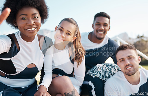 Image of Cheerleader, sports and selfie portrait of people for performance, dance and smile for game. Teamwork, dancer and team take profile picture for social media in match, competition and event outdoors