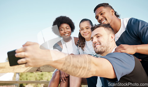 Image of Cheerleader team, group selfie and happy people at sports competition, training workout or post photo to social media app. Cheerleading, photography and dancer teamwork, practice and picture together