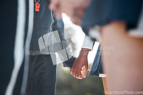 Image of Sports team, people holding hands and group prayer circle, community and hope for cheerleader competition support. Cheerleading, closeup worship and dancer solidarity, start contest and praying