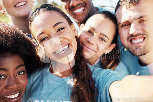 Image of Selfie, smile and an eco friendly volunteer group outdoor together for climate change awareness. Portrait, charity or community with man and woman friends in nature to save our planet on earth day