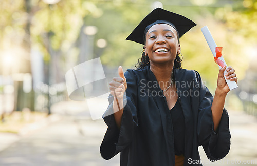 Image of Graduation, thumbs up and portrait of woman student outdoor with diploma for success, education or college scholarship. Happy african university graduate, like emoji and pride with certificate award