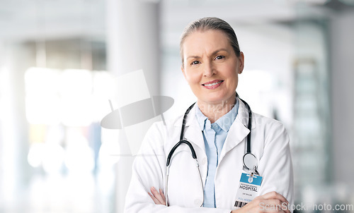 Image of Stethoscope, senior and woman doctor smile with healthcare, medical work and hospital job. Wellness, cardiology and clinic with a mature female professional with working and health consulting