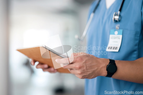 Image of Surgeon, hands and tablet in hospital for medical help, telehealth app and online results. Closeup of doctor, healthcare software and digital technology for planning data, update and clinic research