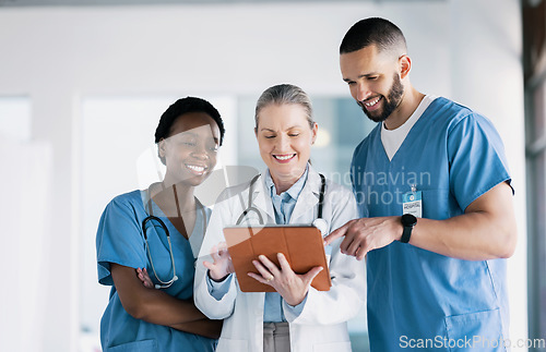 Image of Doctors, healthcare and teamwork on tablet for online results, mentor advice and research support in clinic. Medical nurse, students or people on digital tech, hospital software or team collaboration