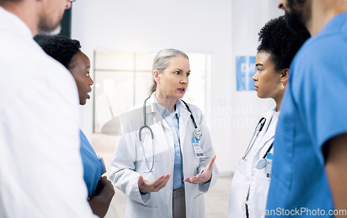 Image of Doctors, nurses and group for medical planning and speaking of workflow, clinic or hospital management. Medical staff, students or mentor for internship advice, team strategy and mission in meeting