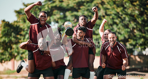 Image of Excited, portrait and rugby team with trophy in celebration at field outdoor for target, champion goal and competition. Fitness, group of men and award for winning game, success and sport achievement