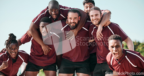 Image of People, portrait and rugby team in celebration at field outdoor for training, exercise goal and competition. Fitness, group and men screaming for winning game, success in match and sport achievement