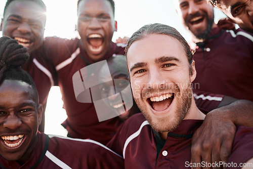 Image of Excited, portrait and rugby group in celebration at field outdoor for tournament, exercise goal and competition. Face, team and men screaming for winning game, success in match and sport achievement