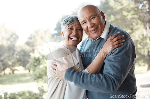 Image of Portrait, hug and senior couple with love, smile and marriage with bonding, relationship and retirement. Face, happy old woman and elderly man embrace, outdoor and health with nature, care and trust