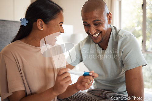 Image of Excited, pregnancy test and woman with man, smile and home with happiness, health and good news. Announcement, bedroom and happy couple expecting with wow, joyful and love with support and results