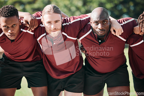 Image of Portrait, rugby and men with fitness, game and wellness with action on field, huddle and teamwork. People, players outdoor or athletes embrace, collaboration and cooperation with exercise or training