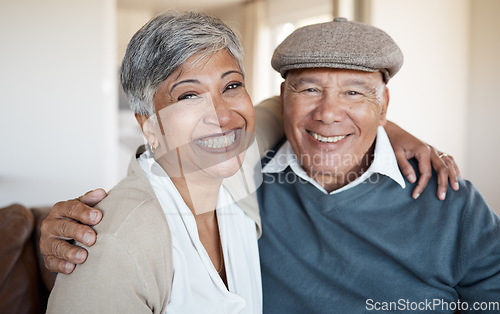 Image of Portrait, hug and senior couple with love, home and marriage with bonding, relationship and romance. Face, happy old woman and elderly man embrace, retirement and health with mature, care or smile