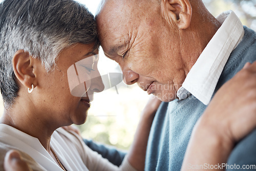 Image of Hug, forehead and senior couple with love, marriage and retirement with bonding, relationship and romantic. Face, happy old woman and elderly man embrace, trust and health with romance and care