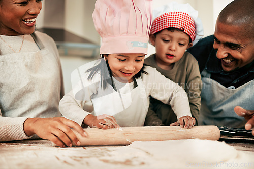 Image of Family, mother and father with kids, baking and bonding with happiness, weekend break and home with love. Parents, mama and dad with children, recipe and cooking with ingredients, utensils and smile