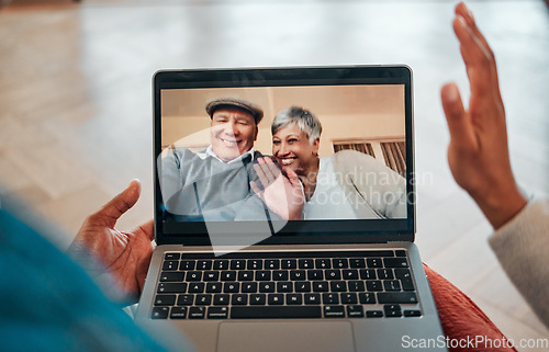 Image of Senior, couple and video call on laptop screen with greeting for family communication or meeting at home. Elderly, people and internet for networking, conversation or chat with technology and smile