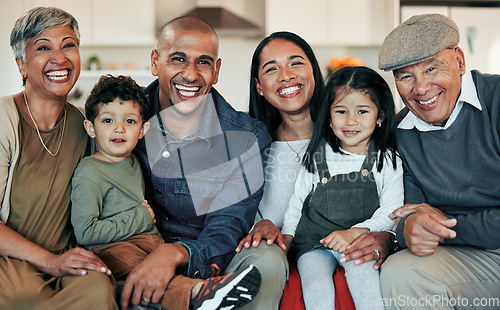 Image of Family, grandparents and portrait of children on sofa for bonding, relationship and embrace at home. Parents, happy and mother, father and kids in living room for relax, comfort and care together