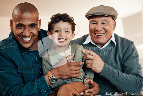 Image of Family, grandfather and portrait of dad and child on sofa for bonding, relationship and happiness at home. Generations, smile and grandpa, man and young boy in living room for relaxing, love and care