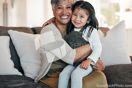 Image of Portrait, love and grandmother with girl on sofa together for bonding, connection and care in living room of home. Happy family, woman and child on couch with happiness for relaxing, weekend and face