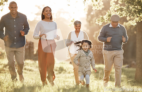 Image of Park, running and child with parents or grandparents on grass field for freedom, adventure or playing in summer. Family, men or women with fun or love in forest with sunshine for care or happiness