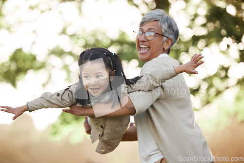 Image of Family, girl child or grandmother with fly or airplane for fantasy play, fun game or together with bokeh in nature. People, kid or grandma outdoor with happiness for love, care and bonding or excited
