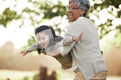 Image of Family, girl kid or grandmother with fly or airplane for fantasy play, fun game or together with bokeh in nature. People, child or grandma outdoor with happiness for love, care and bonding or excited