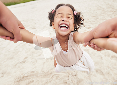 Image of POV, parent spinning child in park and playing, laughing and spending family time together with smile. Summer weekend, hands of person and girl having fun in nature with happiness, love and support.