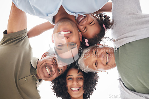 Image of Happy family, circle and portrait from below with love, care and bonding outdoor together. Face, smile and girl child with parents, grandparents or hug outside with freedom, fun and low angle support