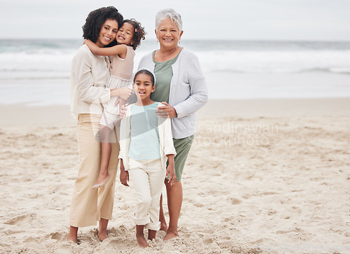 Image of Beach, grandma or portrait of mom with happy kids in nature on family holiday vacation in New Zealand. Travel, hug or senior mother at sea or ocean with woman, kid or girls to relax or bond together