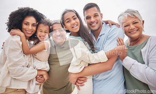 Image of Portrait, smile and big family outdoor on holiday, vacation and travel together in nature. Face, happy grandparents and parents with children bonding, care and hug for love, support and connection