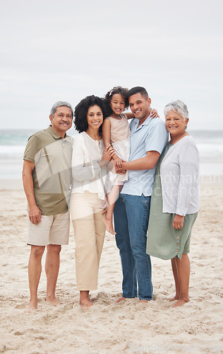 Image of Portrait, happy and big family at beach outdoor on holiday, vacation and travel together. Grandparents, parents and child smile at ocean, bonding and love of father, mother and kid on mockup space