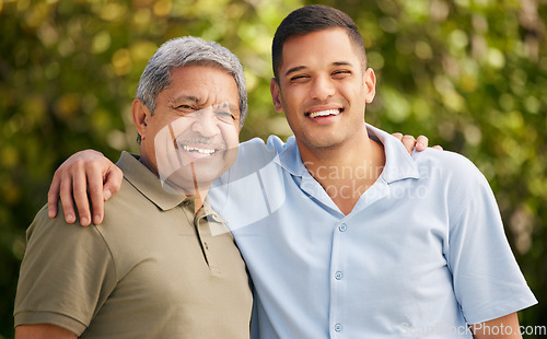 Image of Man, senior dad or portrait in park on fathers day for bond, support or love with smile, care or pride. Hug, retirement or mature dad with a happy son in outdoor garden together on holiday vacation