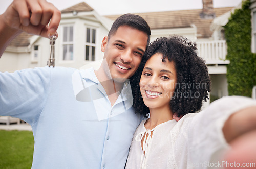 Image of Happy, selfie and couple with keys, real estate and post with happiness, celebration and homeowner. Portrait, man and woman with property, mortgage and support with investment and profile picture