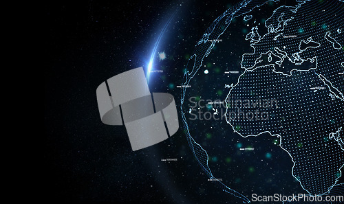 Image of Hologram earth, planet and star by dark background for global network, mockup space and lens flare. Holographic world, overlay and futuristic light with digital transformation on technology abstract