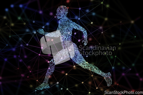Image of Graphics, illustration of man running and digital transformation, sports science and color on dark background. Technology abstract, fitness progress and cardio with geometric pattern, body and design