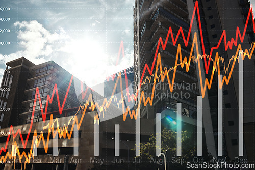 Image of Finance chart overlay, city and data for inflation increase, stats or numbers for cost of living crisis on calendar. Graph, arrow and percentage for economy, gdp growth or analytics in Cape Town cbd