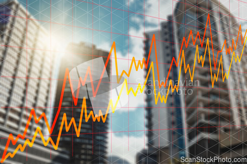 Image of City background, graphs or stock market with trading, fintech or stocks with business deal. Town, buildings or inflation with money, investment or economy with finance, profit or America with overlay