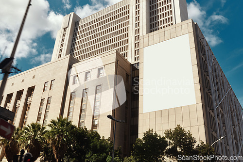 Image of City, landscape and buildings or skyscraper as infrastructure for corporate space or work. Empty, urban and architecture with marketing, outdoor cityscape and mockup on a banner or poster in town