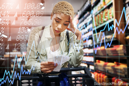 Image of Woman, grocery shopping and stress with receipt for price increase, budget mistake or financial crisis by shelf. African customer in store or supermarket with headache, food cost or inflation overlay