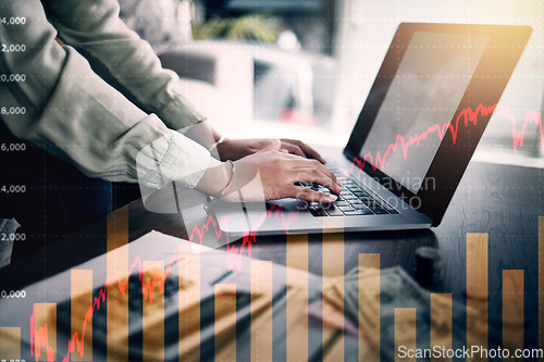 Image of Laptop, hands and stock market or trading overlay with debt, economy crisis and home budget. Person on computer with cash, money and salary or financial risk, orange graphs or price increase warning