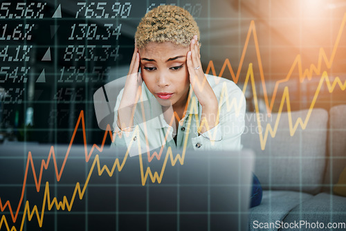 Image of Hologram, charts and woman with inflation, stress and stock market with headache, burnout and financial crisis. Person, trading or investor with overlay, laptop and economic crash with a migraine