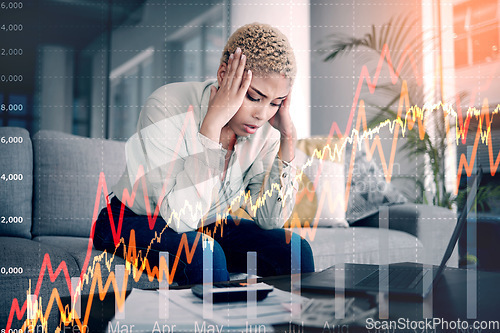 Image of Woman, overlay and stress of home budget, stock market crash and lines chart, bills or money risk. African person with depression, sad or tired on computer for loan payment, trading or cost of living