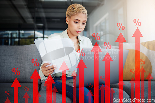 Image of Stock market, overlay and woman with a laptop, paperwork and research with budget planning, investment and inflation. Home, girl and person on a couch, pc or review financial profile with economy