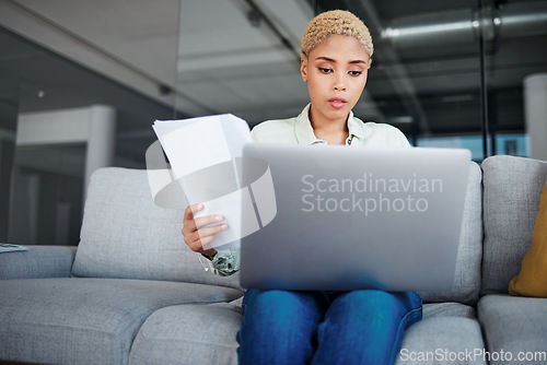 Image of Home, inflation and woman with a laptop, document and bills with budget planning, investment and research. Person, paperwork or girl with a pc, tax or review financial profile with connection
