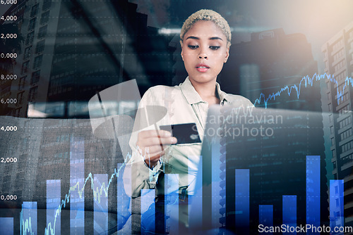 Image of Overlay, credit card and woman with a laptop, inflation and investment with payment, password and graph. Person, home and girl on a sofa, pc or review finance with trading, tax and transaction
