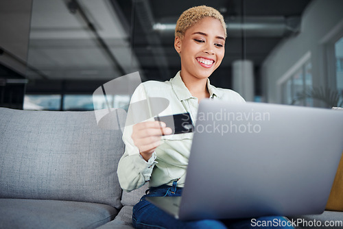 Image of Woman, laptop and credit card with e commerce and happy about discount on store website, payment and fintech. Finance, online shopping and internet banking success with customer experience at home
