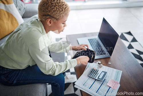 Image of Woman, wallet and finance with budget and money management, laptop and calculator with tax paperwork. Financial planning, inflation and info on documents, empty and investment with broke girl at home