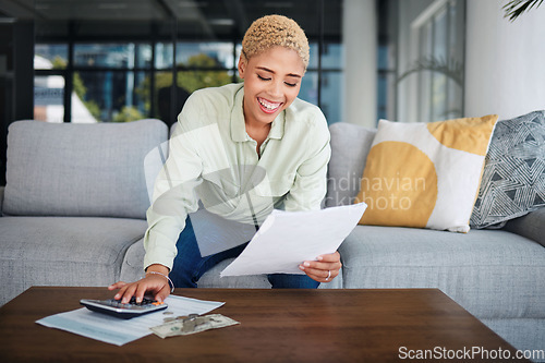 Image of Woman, calculator and budget on sofa for home finance, taxes documents and income or salary management. Happy african person with cash, money and paperwork for profit, savings and bills or payment