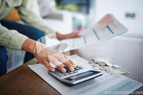 Image of Hand, calculator and money, budget and paperwork for bills, finance management with insurance policy and cash. Financial plan, person with information on documents and audit with accounting at home